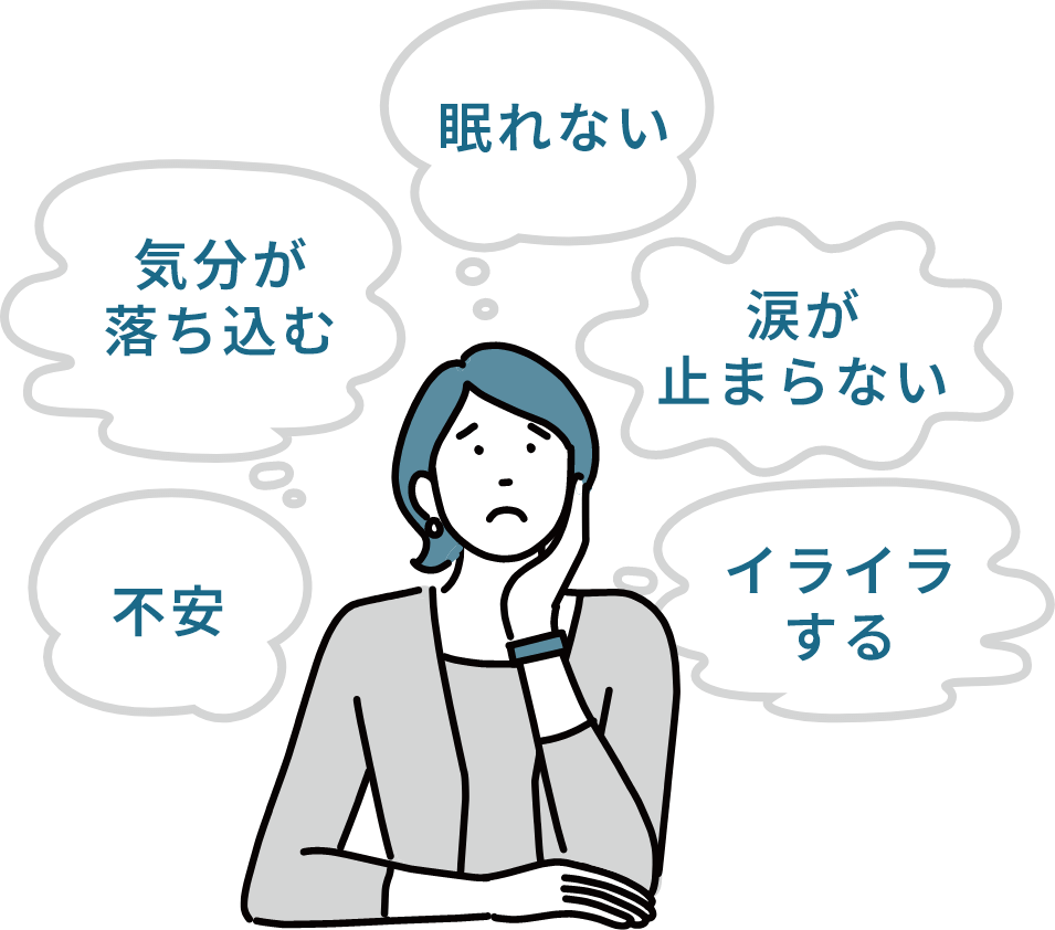 気分が落ち込む,眠れない,不安,涙が止まらない,イライラする